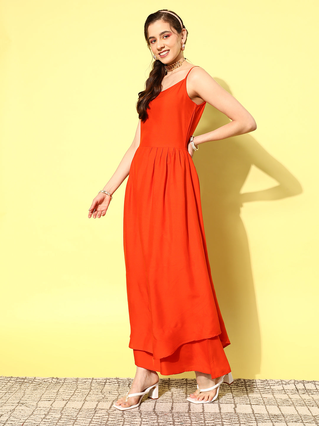 InWeave Women's Orange Strappy Set W Green Organza Cape