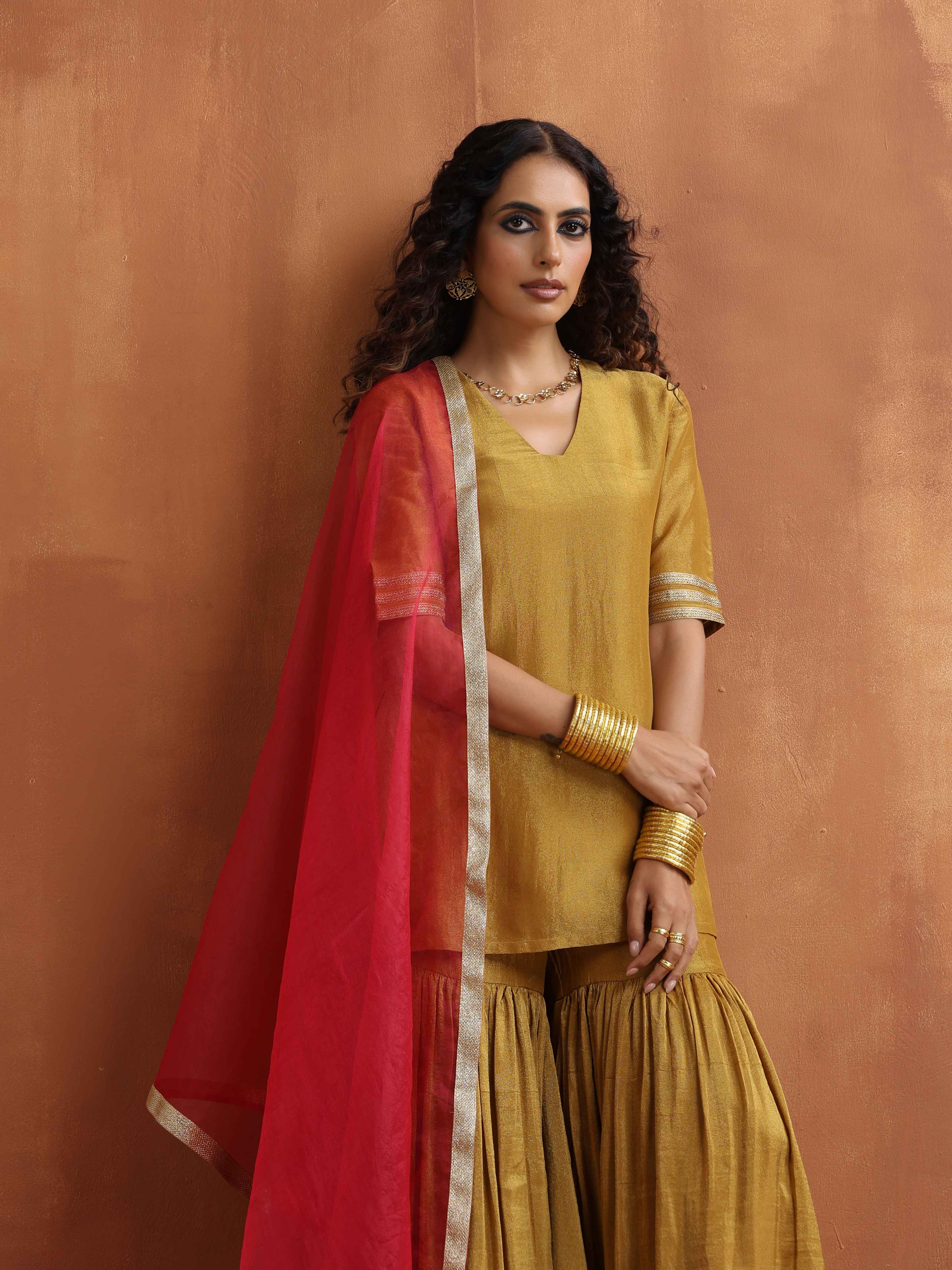 trueBrowns Gold Tissue Sharara Dupatta Set - Distacart