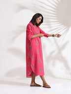 trueBrowns Pink Cotton Print A-line Dress - Distacart