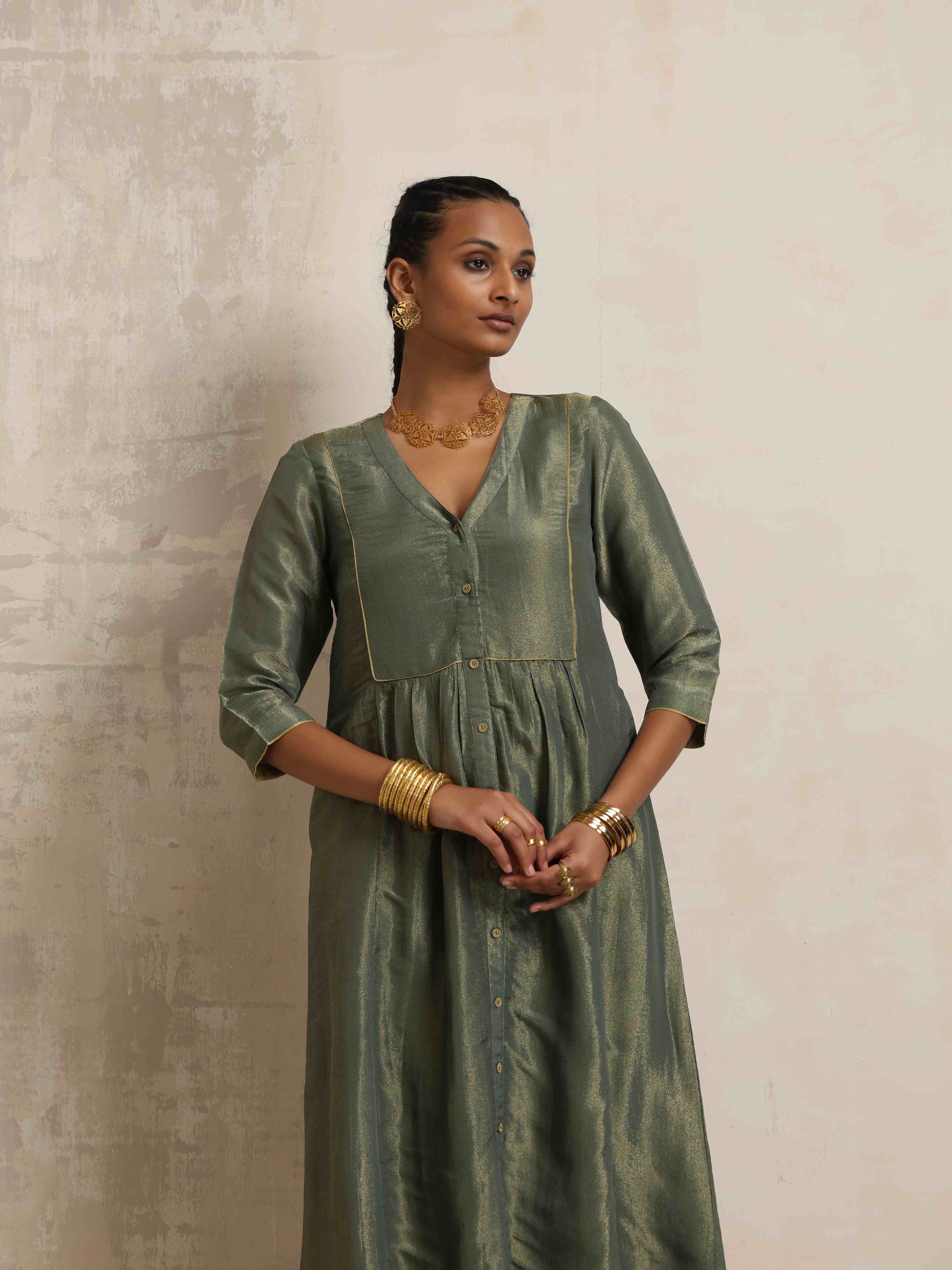 trueBrowns Green Tissue A-line Kurta Set - Distacart