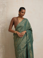 trueBrowns Dark Green Gold Lurex Ready To Wear Saree