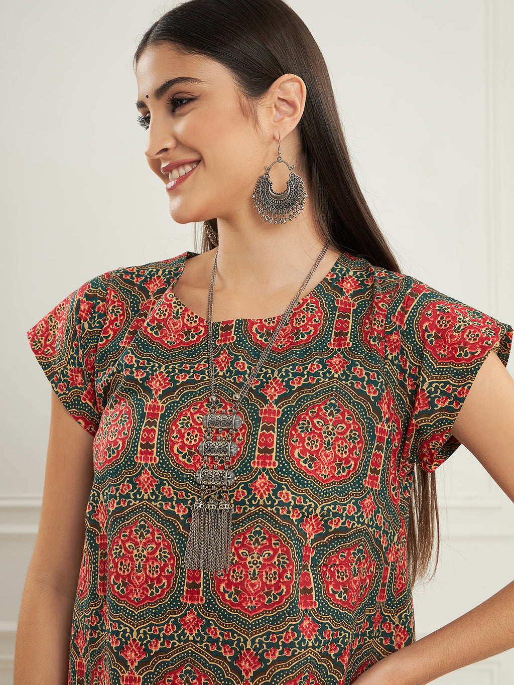 InWeave Women's Green Red Mughal Kalamkari A Line Dress - Distacart