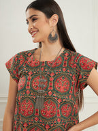 InWeave Women's Green Red Mughal Kalamkari A Line Dress - Distacart