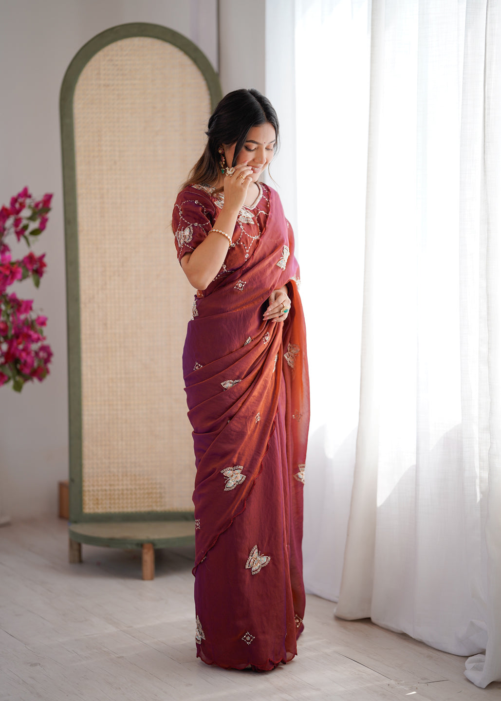 Evanik Rust Mos Silk With Handwork Butterfly Design Saree With Unstitched Blouse - Distacart