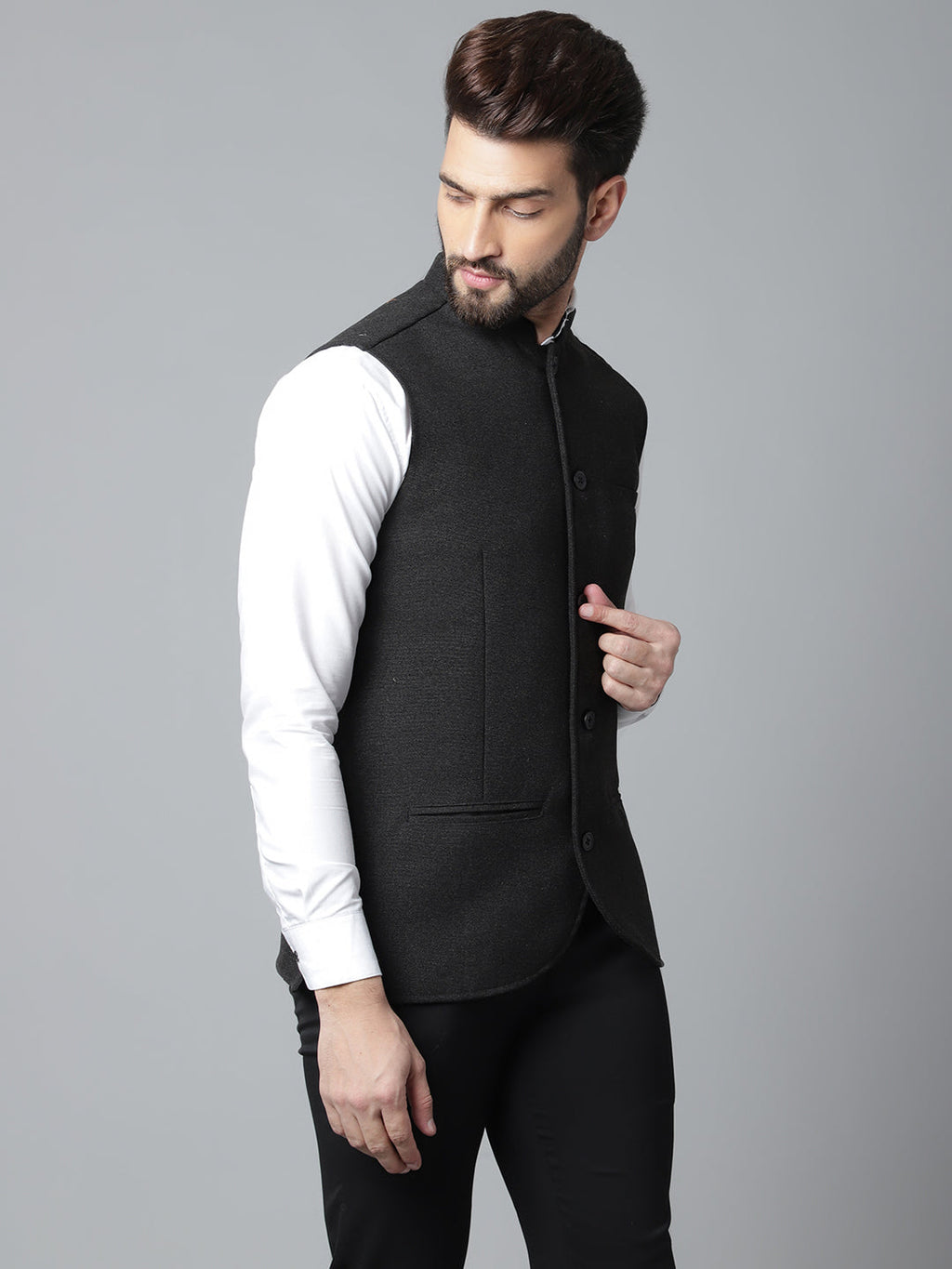 Even Apparels Men's Black Pure Wool Nehru Jacket
