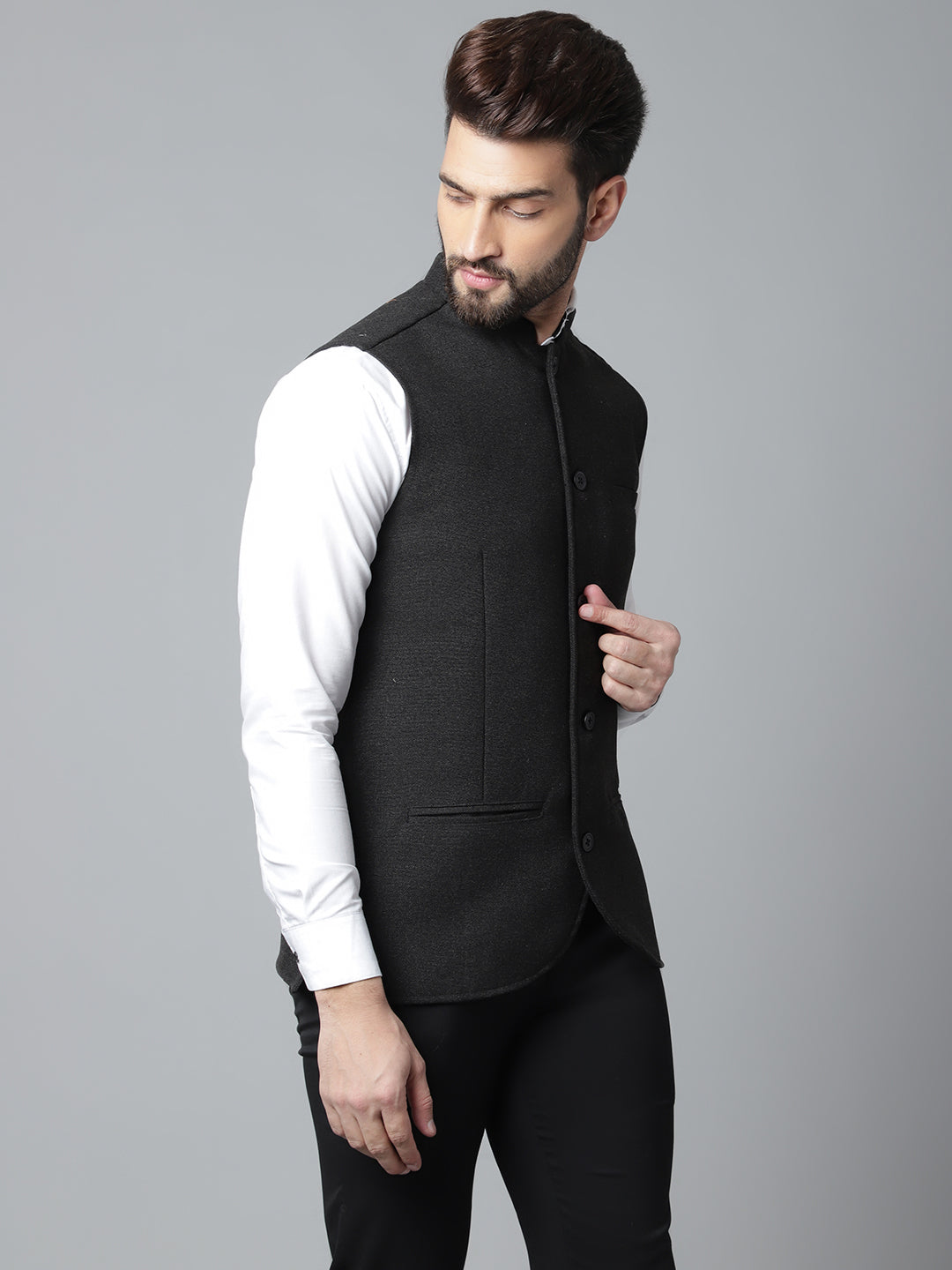 Even Apparels Men's Black Pure Wool Nehru Jacket
