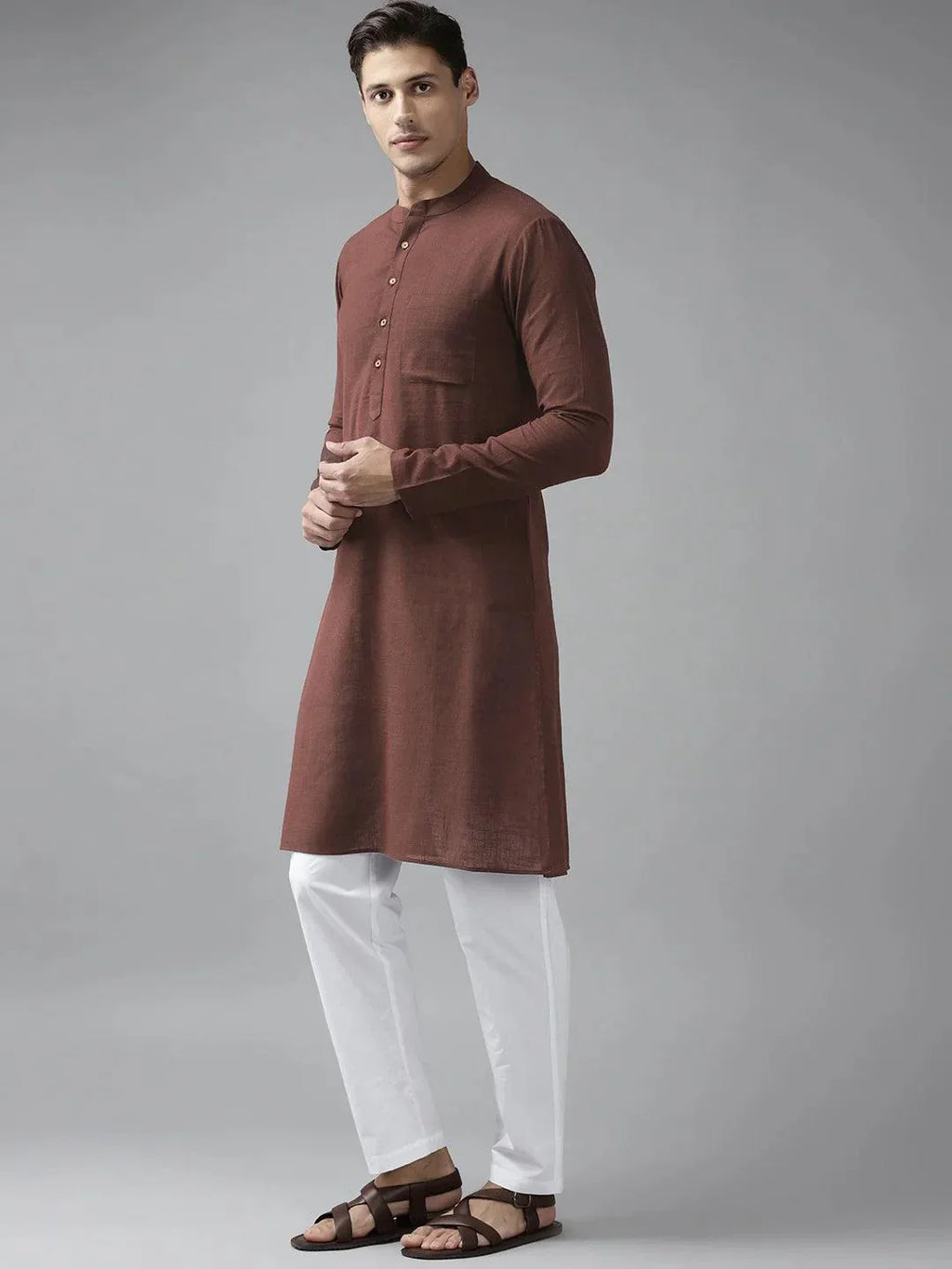 Fabmade Men Brown Cotton Linen Kurta