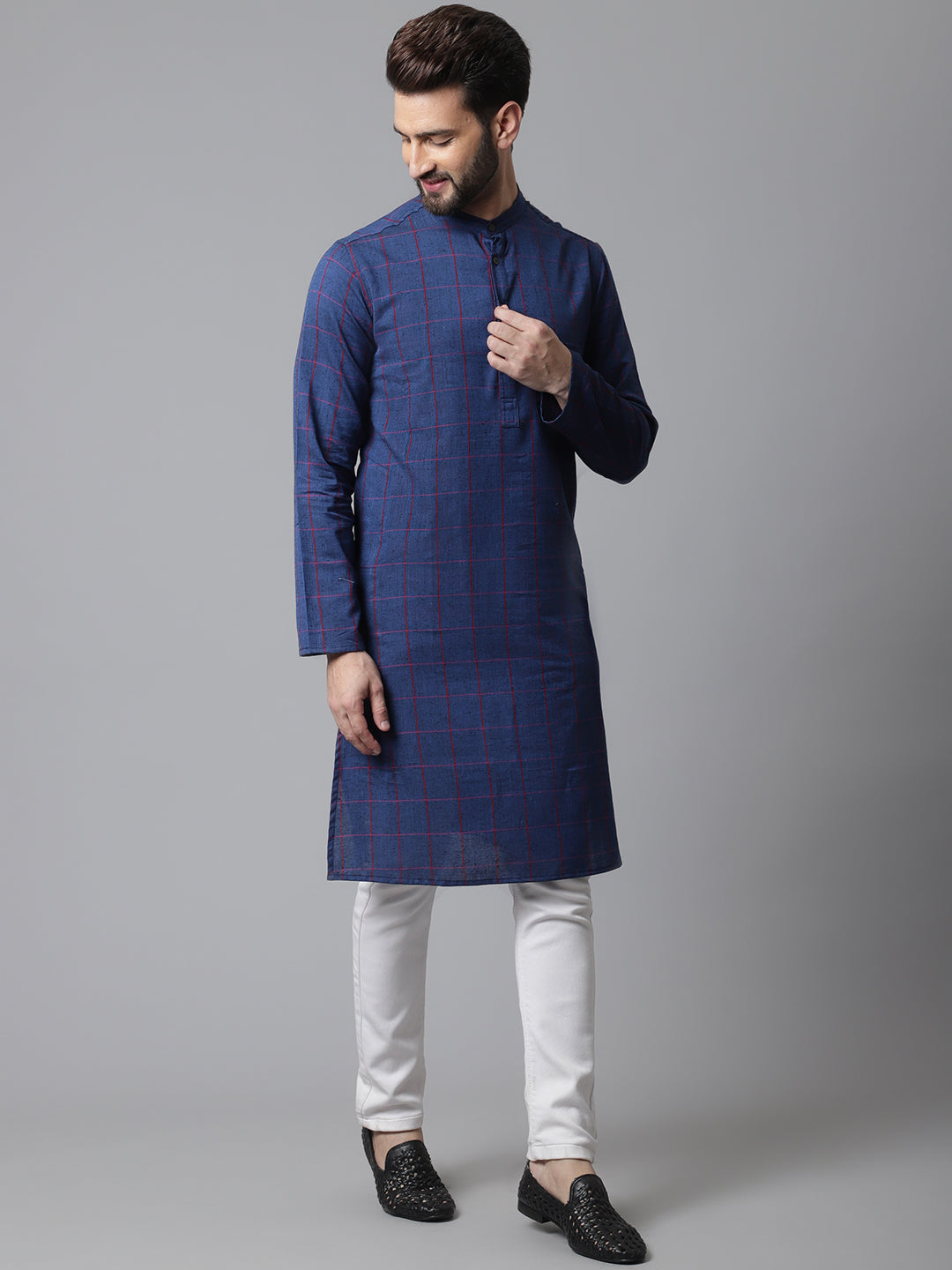 Even Apparels Blue Long Kurta With Band Collar - Distacart