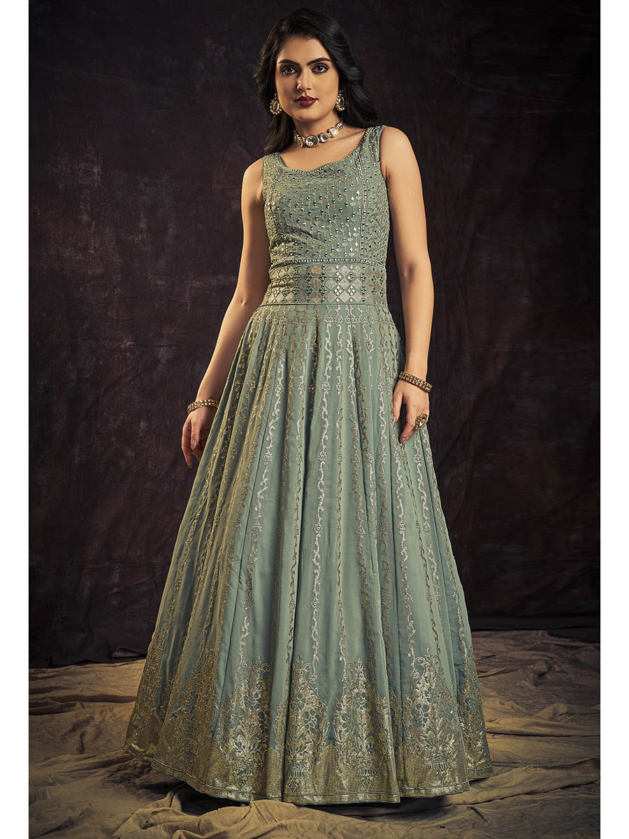 Myra Olive Real Georgette Designer Gown Style Suit - Distacart