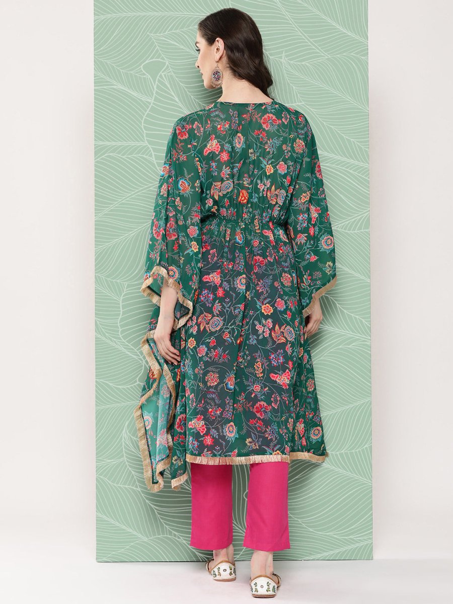 Ahalyaa Women Floral Printed Flared Sleeves Patchwork Georgette Kaftan Kurta - Distacart