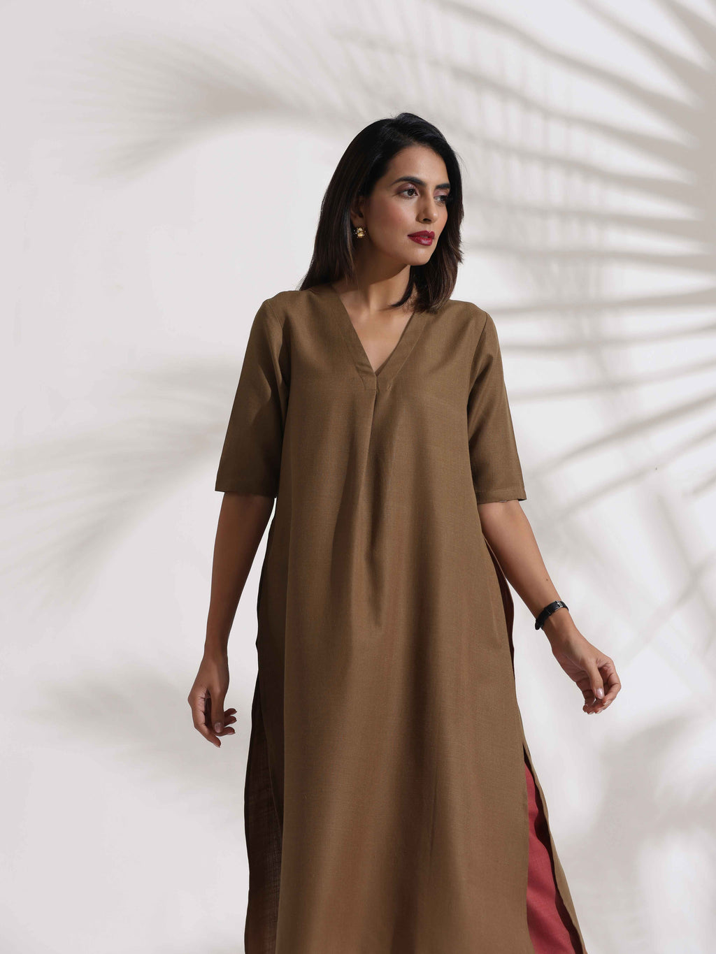 trueBrowns Brown Slub Highslit Kurta Set - Distacart