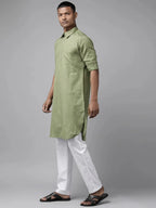 Fabmade Pure Cotton Olive Green Printed Pathani Kurta