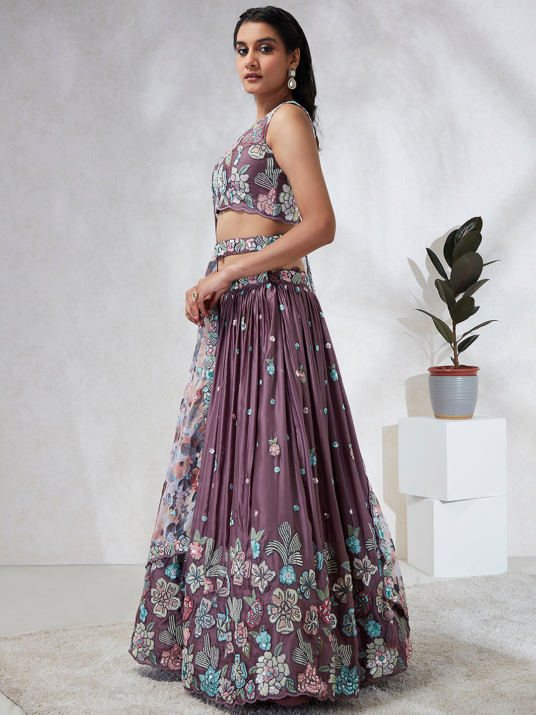 House of Panchhi Lavender Georgette Sequins And Thread Embroidery Lehenga Choli & Dupatta