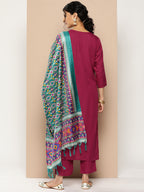 KSUT (House of Varanga) Magenta Kurta With Dori And Zari Embroidered Yoke Paired With Organza Dupatta And Straight Trouser - Distacart