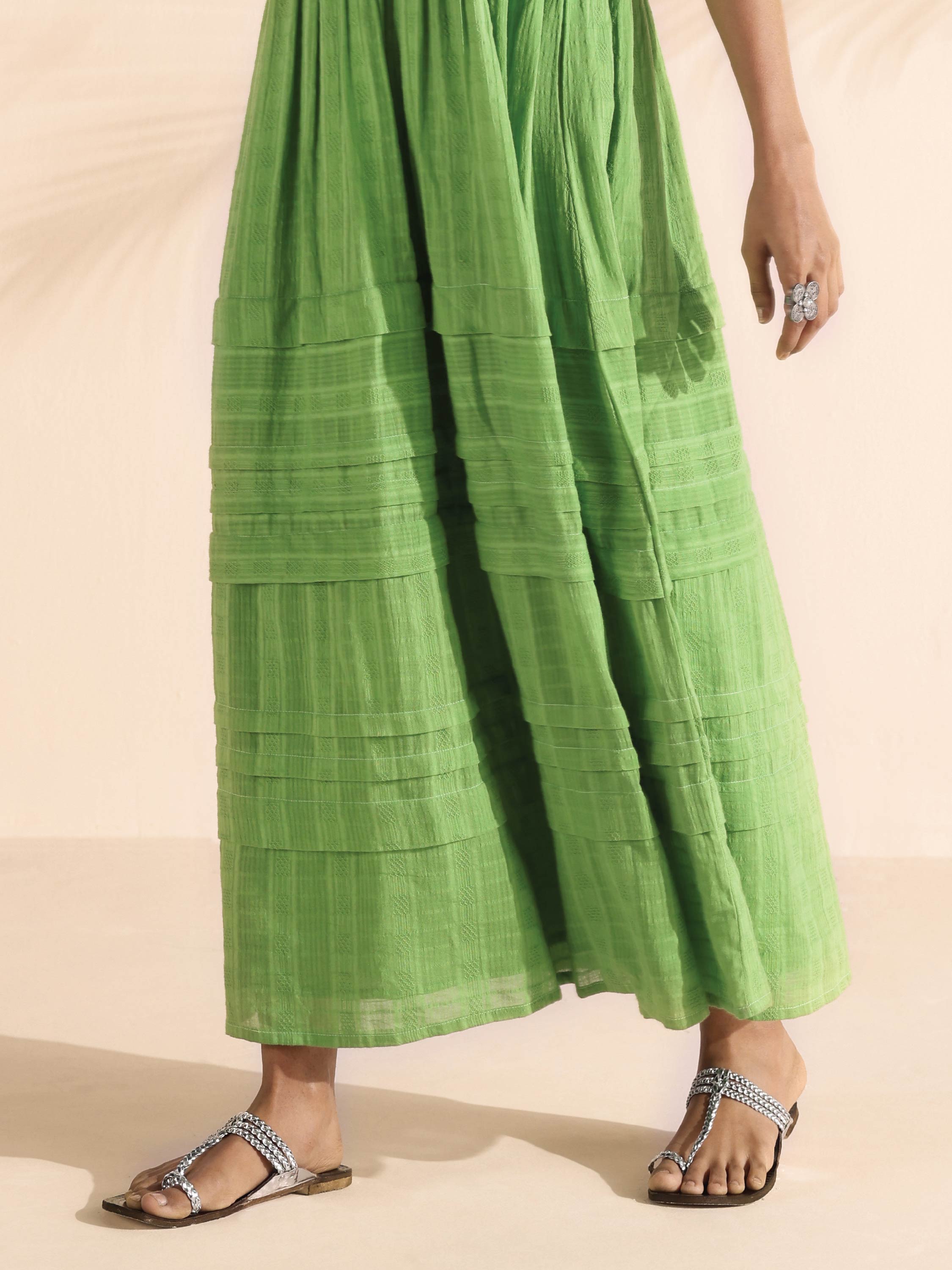 trueBrowns Green Cotton Dobby Yoke Dress - Distacart