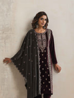 trueBrowns Purple Velvet Embroidered Kurta Pant Dupatta Set - Distacart