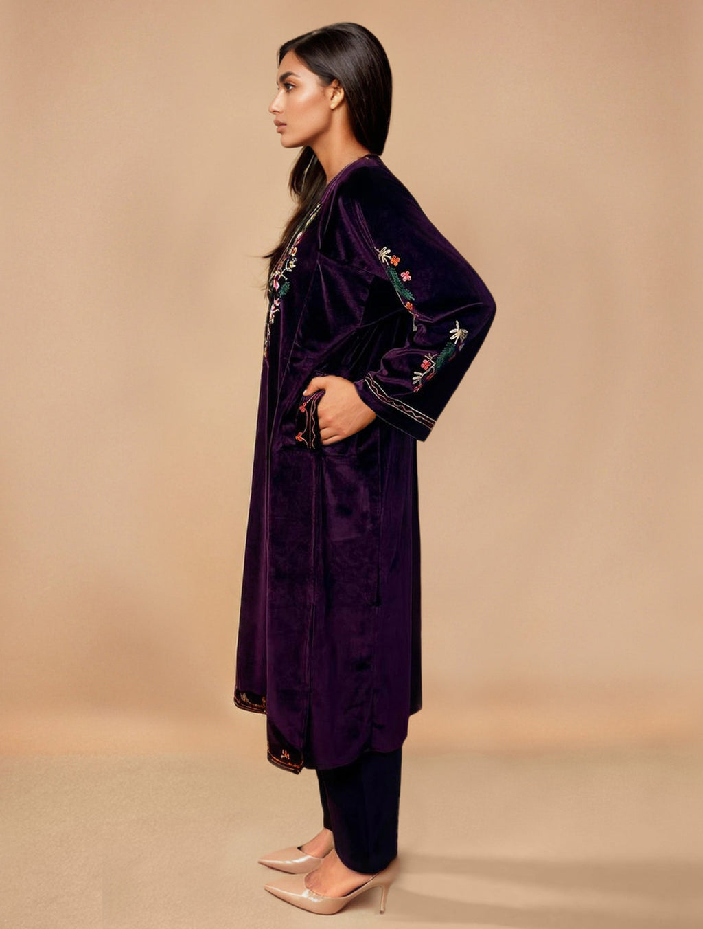 trueBrowns Wine Velvet Embroidered Kurta Set - Distacart