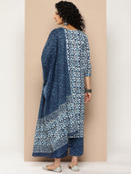 KSUT (House of Varanga) Blue And White Cotton Printed Yoke Design Kurta Paired With Printed Dupatta And Trouser - Distacart