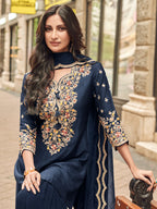 Evanik Women Navy Blue Floral Embroidered Kurta Sharara Dupatta Set - Distacart