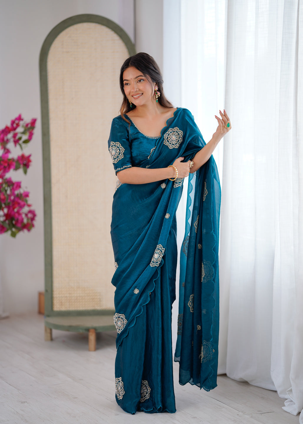 Evanik Designer Heavy Fendy Satin With Beads Embroidered Work Saree With Unstitched Blouse - Distacart