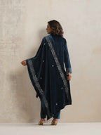 trueBrowns Blue Velvet Embroidered Kurta Pant Dupatta Set - Distacart