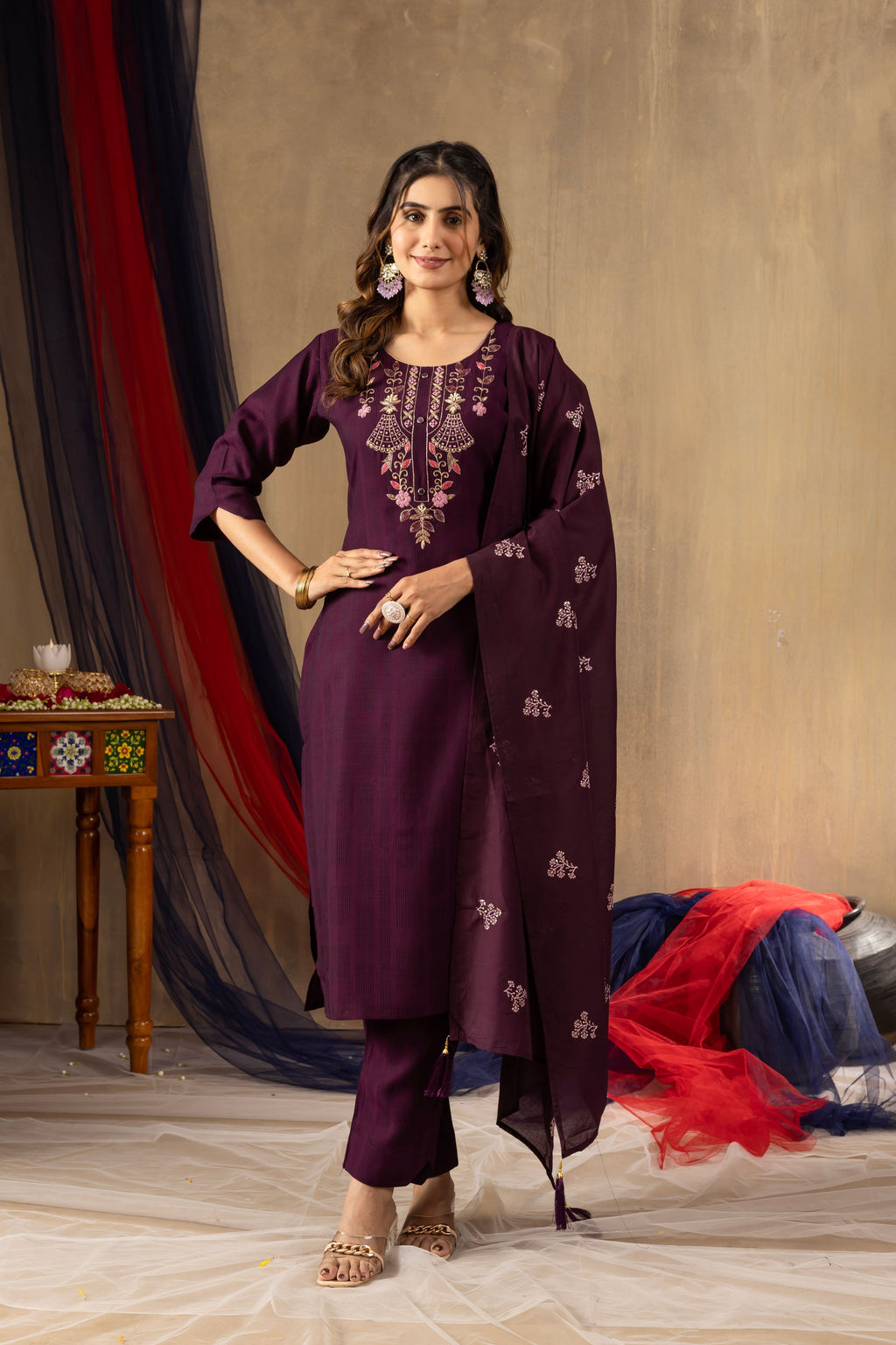 Pramukh Fab Wine Color Viscose Kurta Set - Distacart
