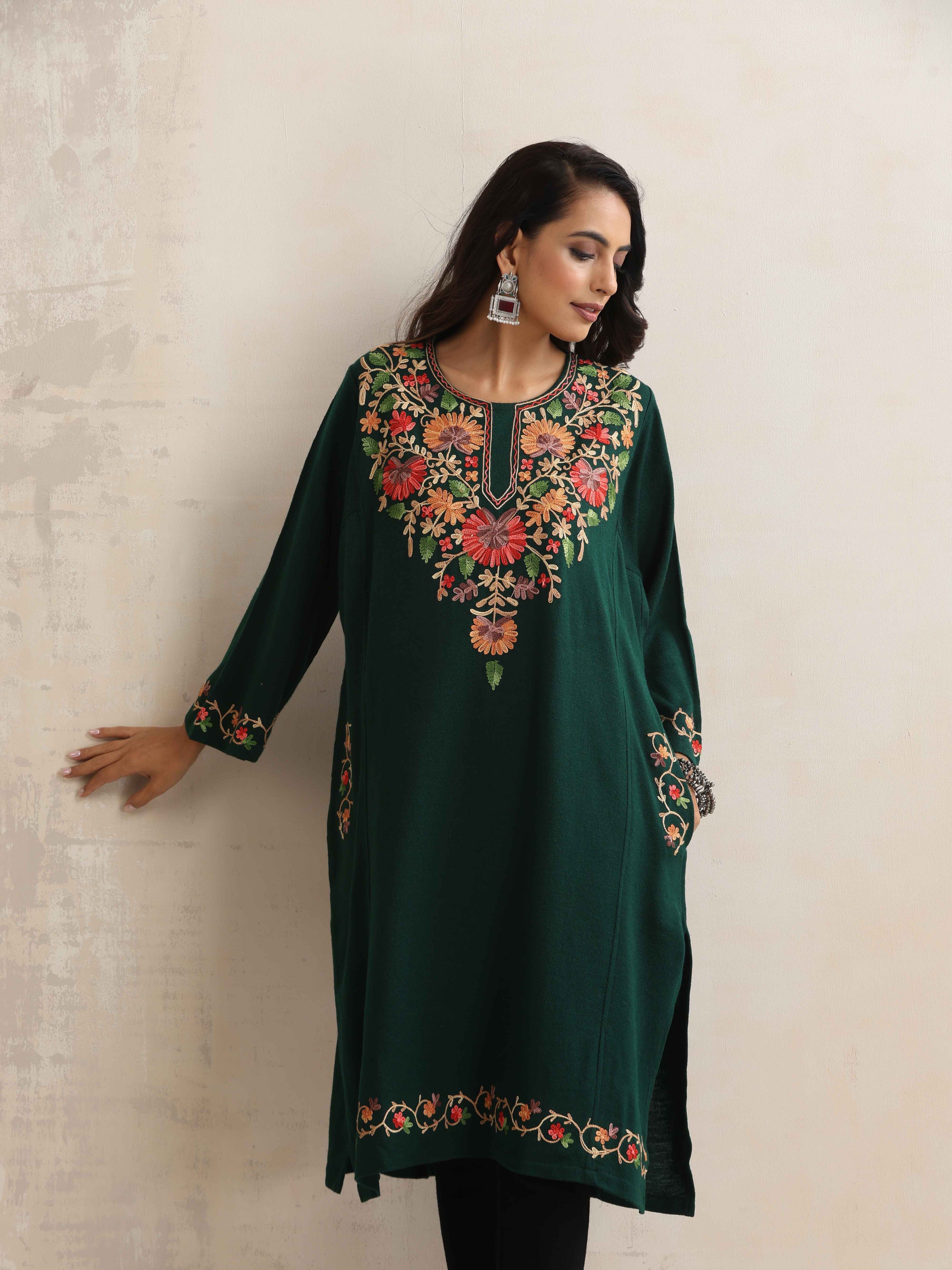trueBrowns Green Kashmiri Embroidered Woollen Phiran Kurta - Distacart