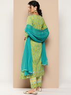 KSUT (House of Varanga) Green Floral Printed A-Line Kurta Paired With Printed Palazzo And Chiffon Dupatta - Distacart