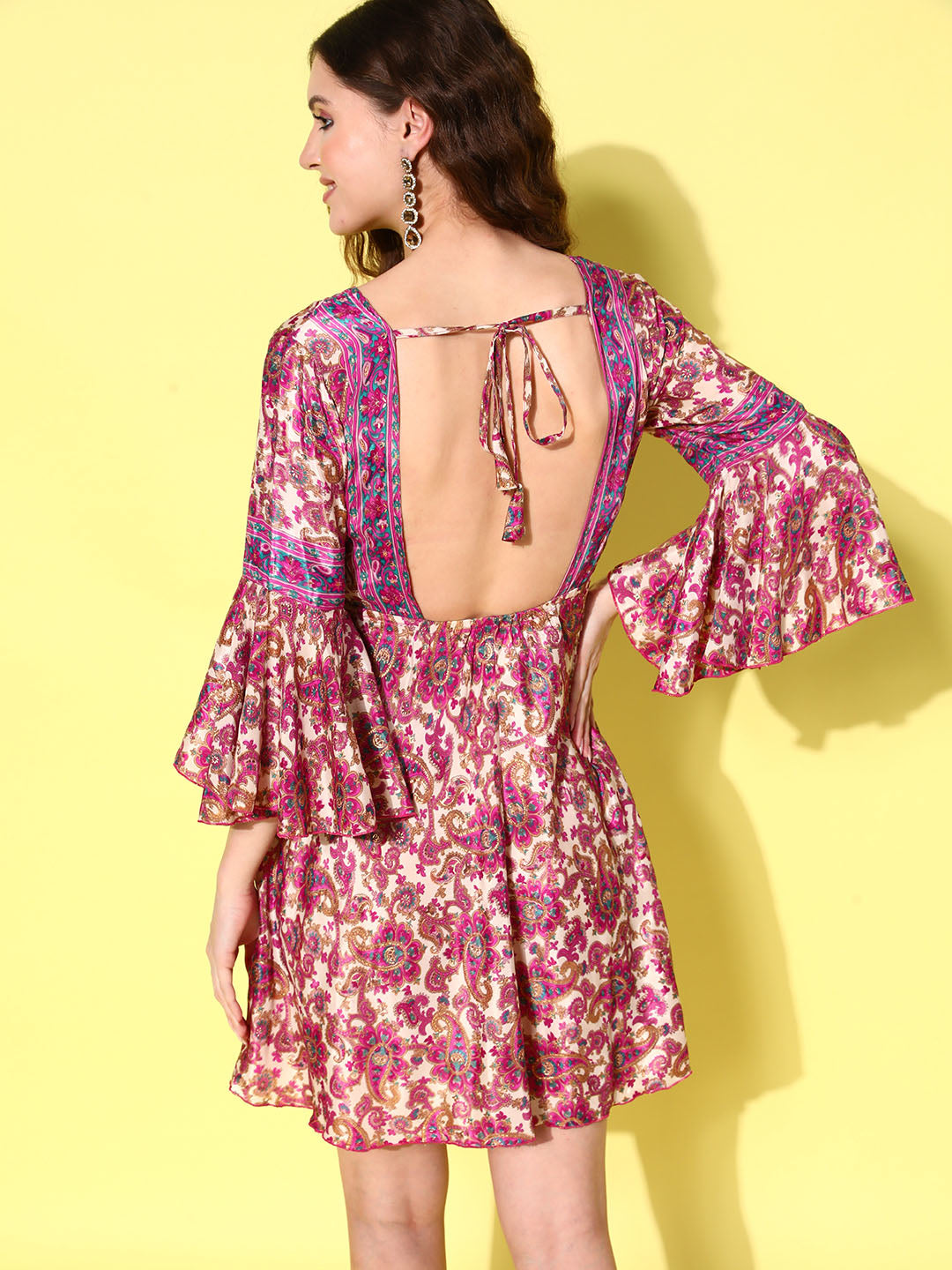 InWeave Women's Fuchsia Floral Prnited Bell Sleeve Short Dress - Distacart