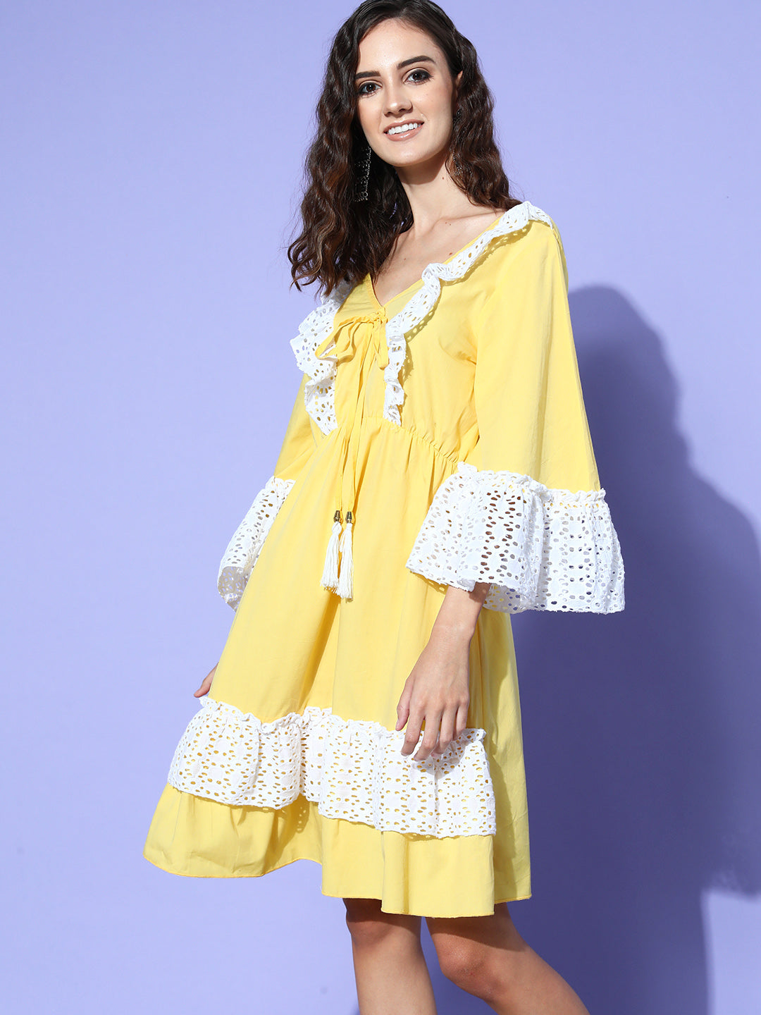 InWeave Women's Yellow Lacy Short Dress - Distacart