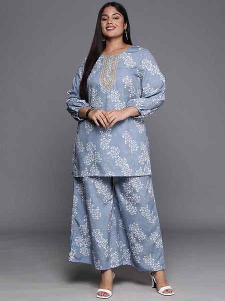 Ahalyaa Plus Size Floral Print Zari Ethnic Tunic with Palazzos