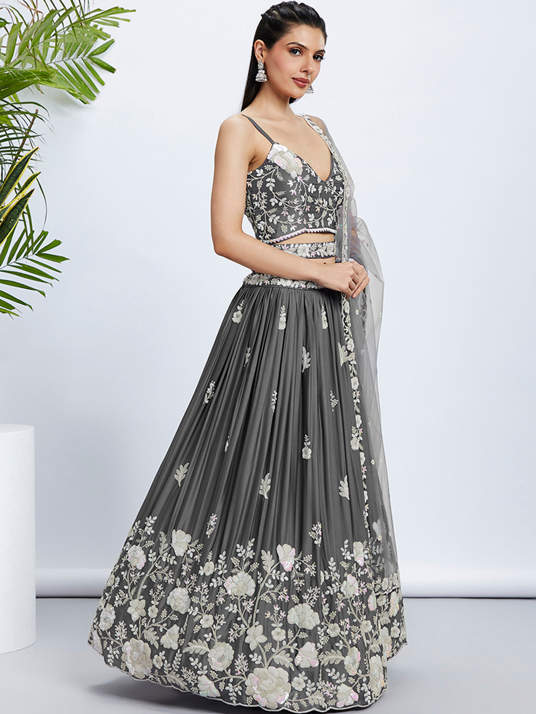 House of Panchhi Navy Blue Georgette Sequins, Mirror And Thread Embroidery Lehenga Choli & Dupatta