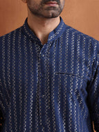 trueBrowns Men's Blue Cotton Dobby Kurta