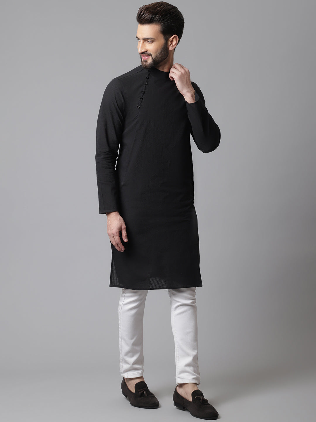 Even Apparels Black Pure Cotton Kurta With Band Collar - Distacart