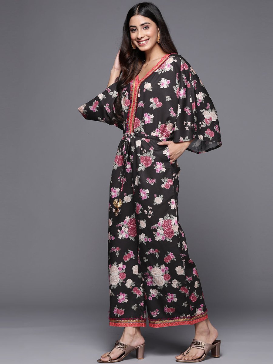Ahalyaa Printed Crepe Basic Jumpsuit With Lace Inserts - Distacart