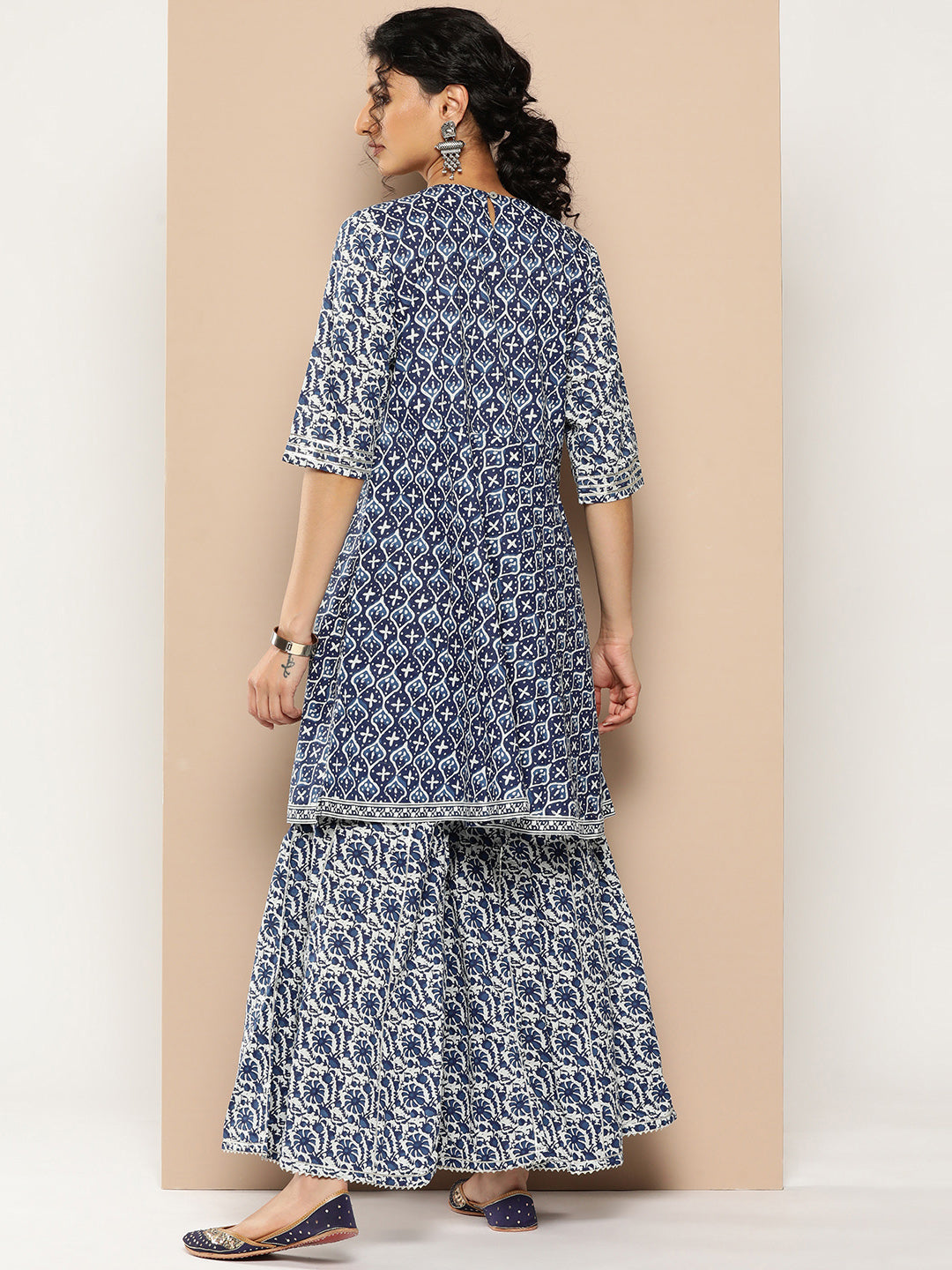 KSUT (House of Varanga) Indigo And White Floral Printed Flared Kurta Sharara Set - Distacart