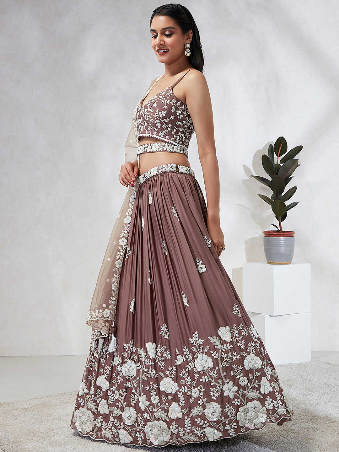 House of Panchhi Rose Gold Pure Georgette Sequins And Thread Embroidery Lehenga Choli & Dupatta