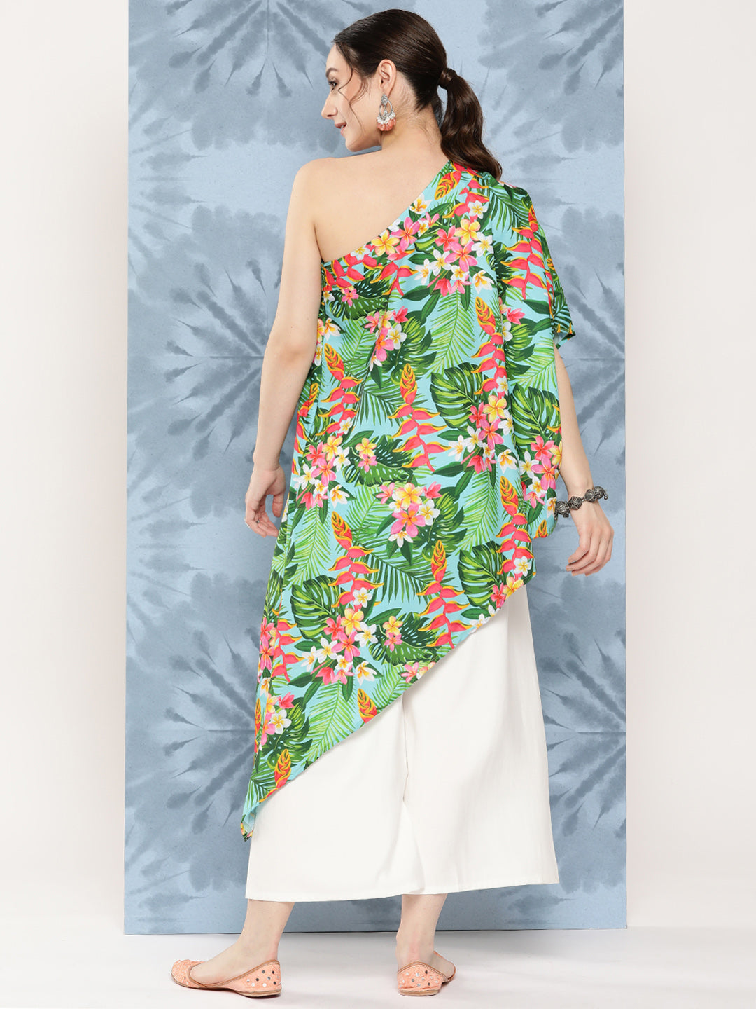InWeave Women's Mint Green Leaf Japanese Art Oneshoulder Top