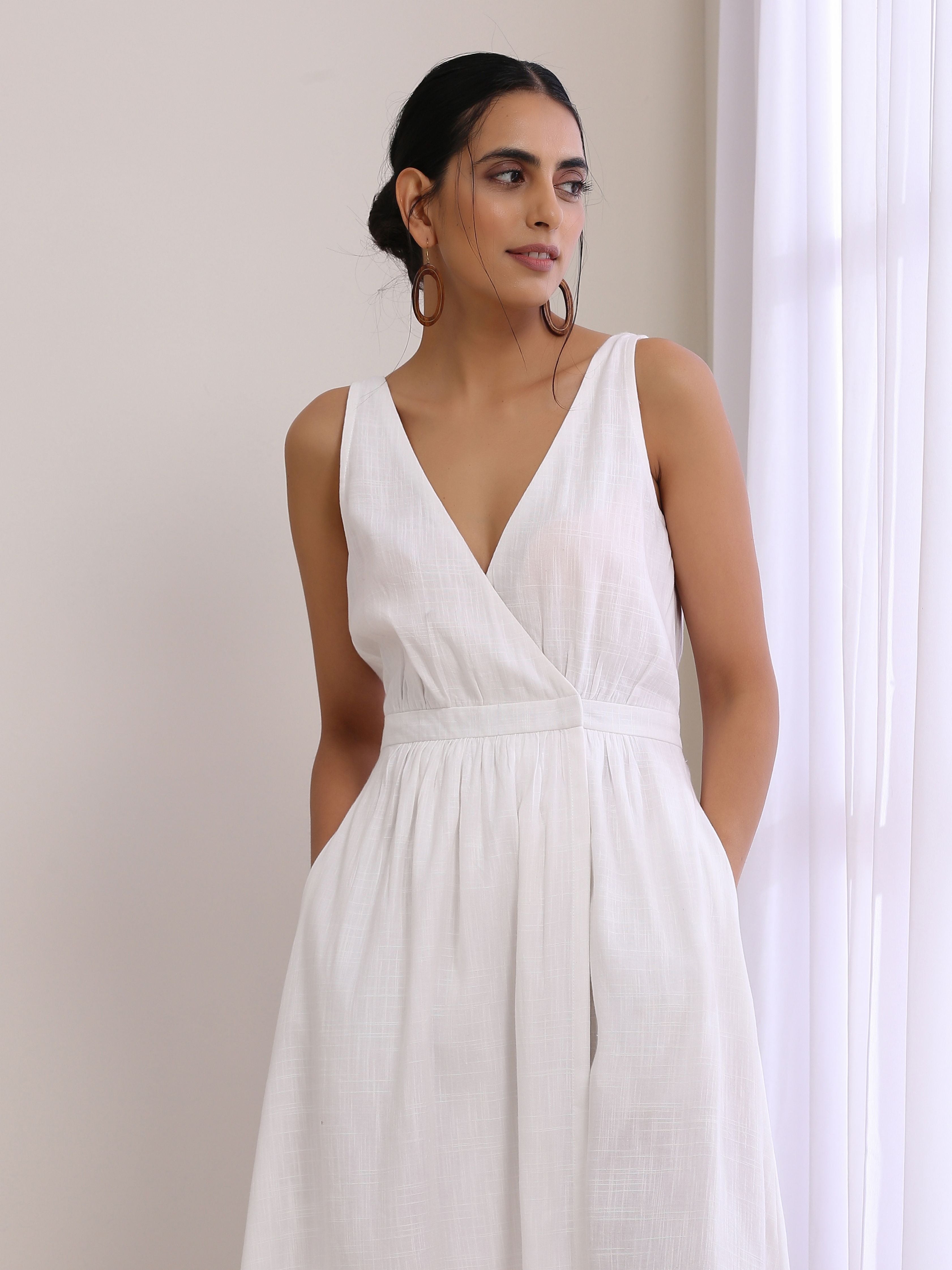 trueBrowns White Slub Texture Sleeveless Wrap Dress - Distacart