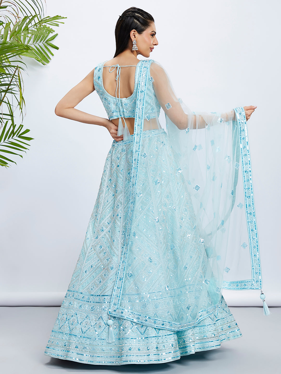 House of Panchhi Burgundy Chiffon Position Print With Sequins Embroidery Lehenga Choli & Dupatta