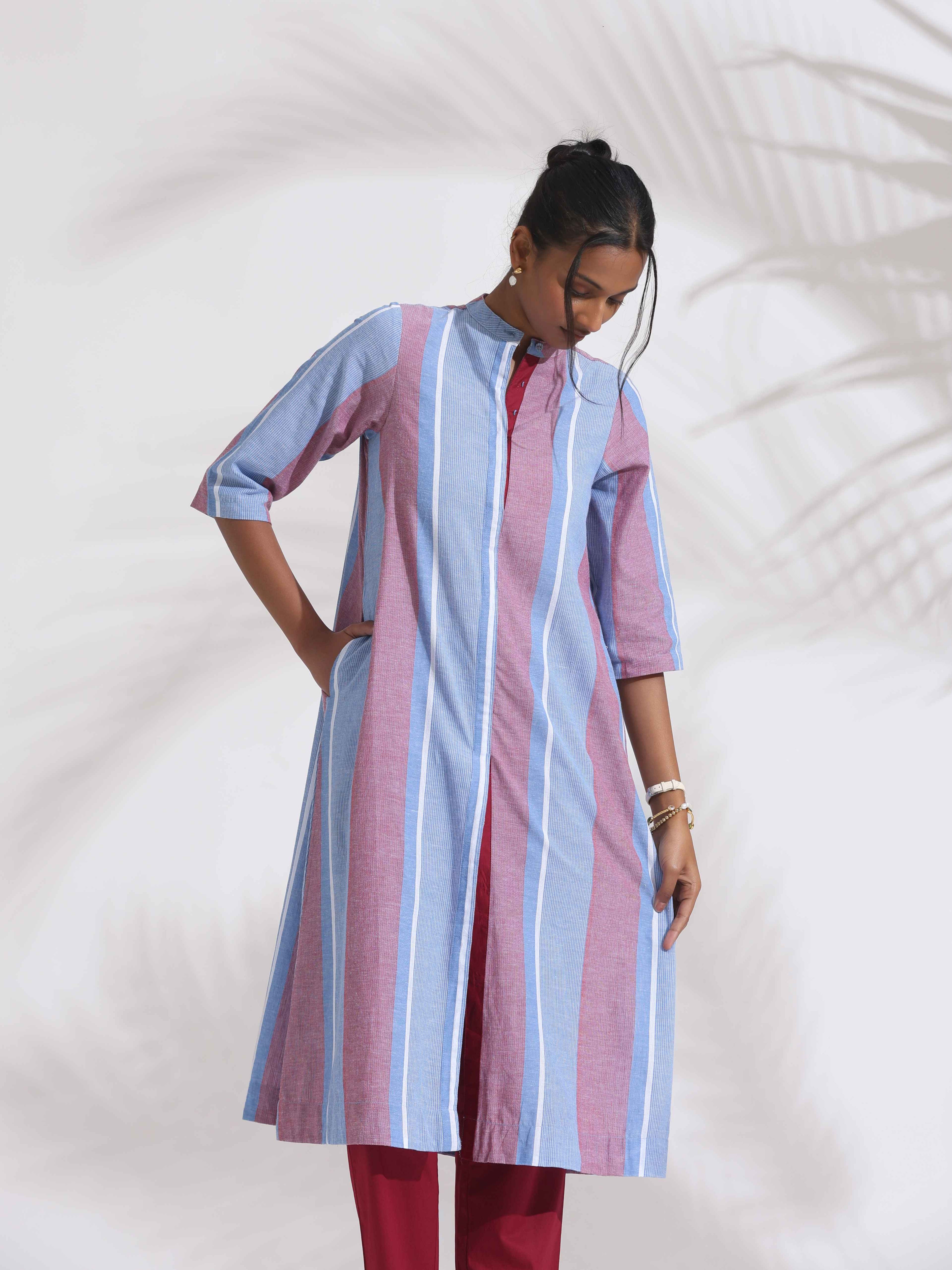 trueBrowns Blue Cotton Stripe Straight Kurta Set - Distacart