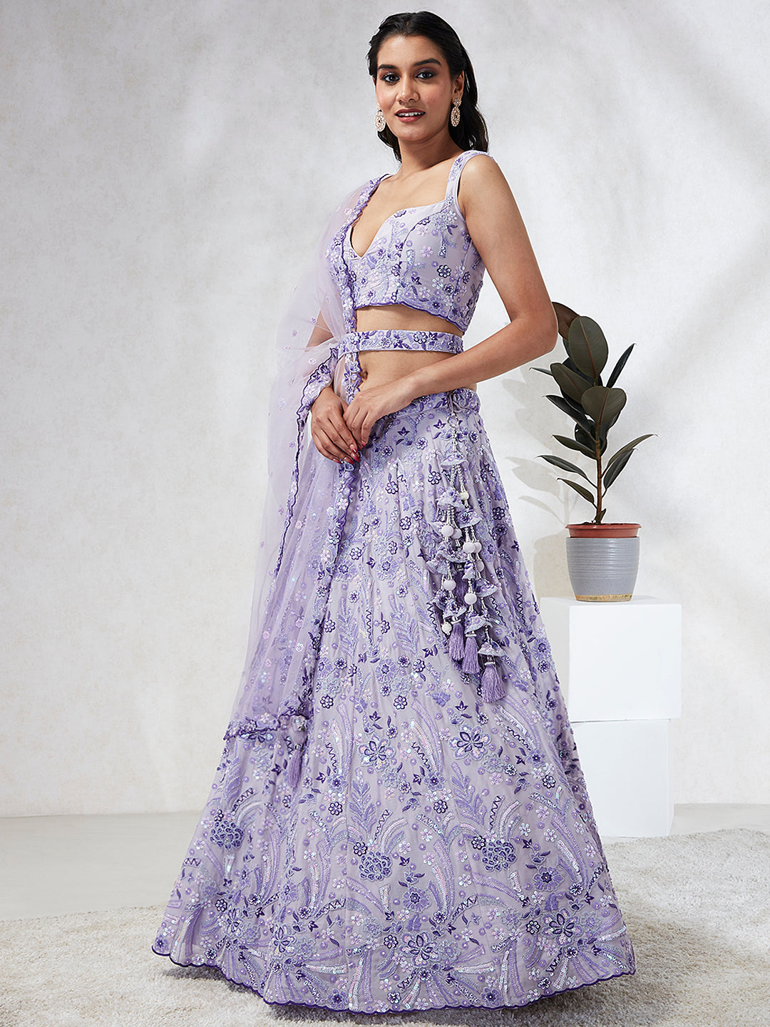 House of Panchhi Lavender Georgette Sequins And Thread Embroidery Lehenga Choli & Dupatta
