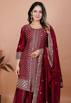 Yash Enterprise Maroon Chinon Silk Party Wear Embroidery Suit Set - Distacart