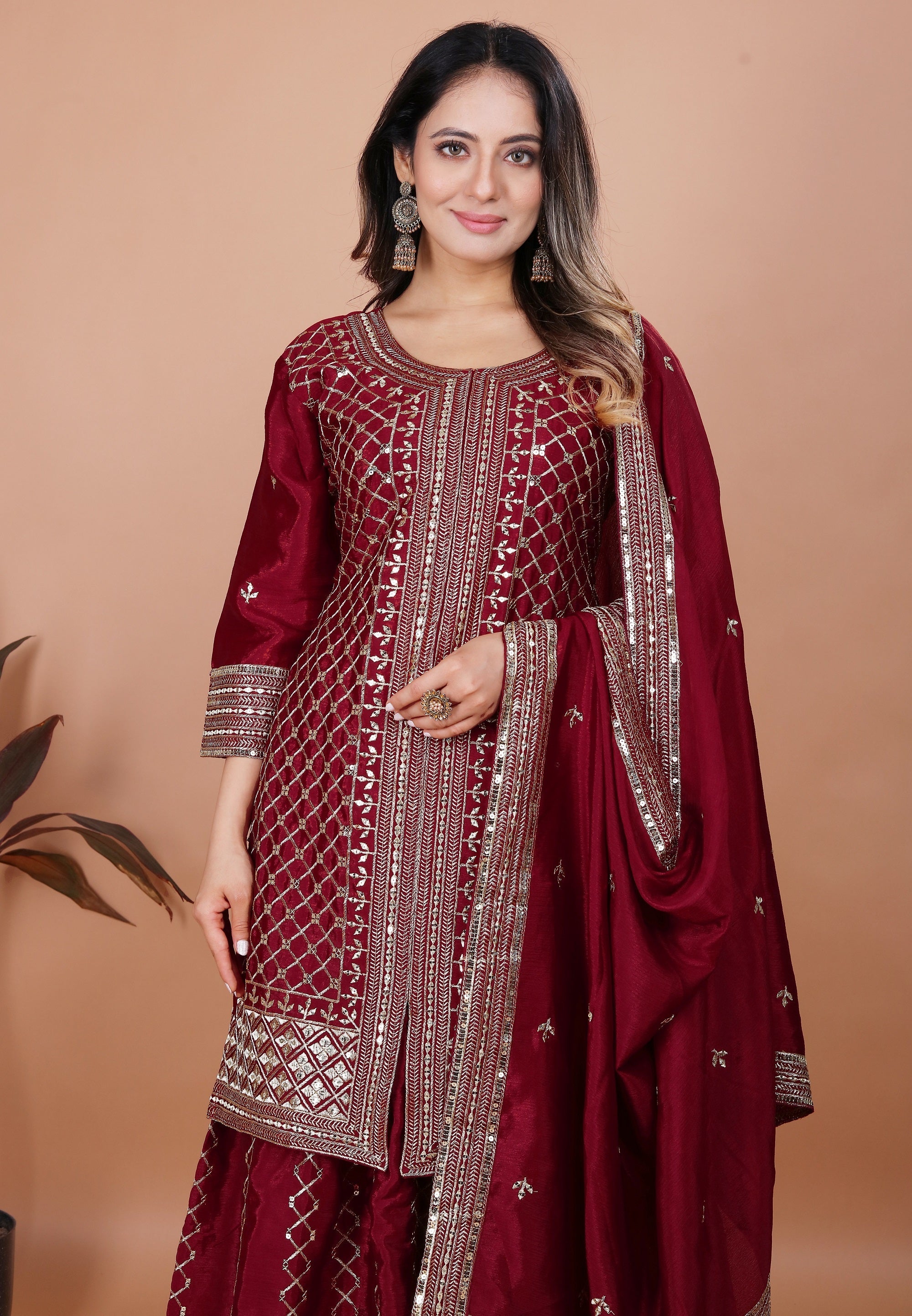 Yash Enterprise Maroon Chinon Silk Party Wear Embroidery Suit Set - Distacart