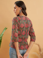 InWeave Women's Green Red Mughal Kalamkari Top