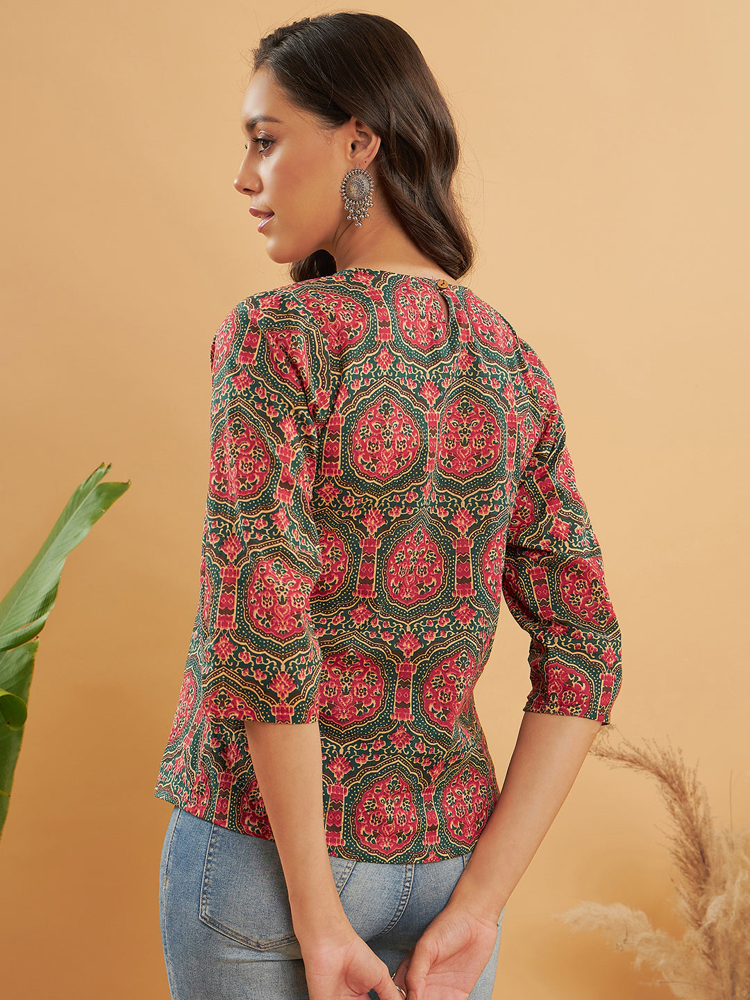 InWeave Women's Green Red Mughal Kalamkari Top