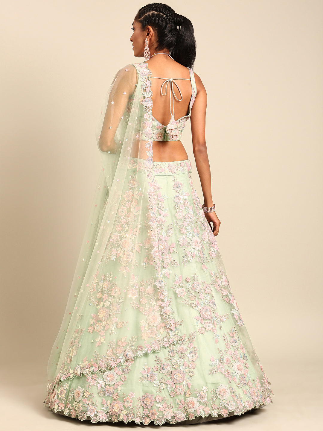 House of Panchhi Lime Green Net Sequins with heavy Zarkan embroidery Lehenga choli & Dupatta