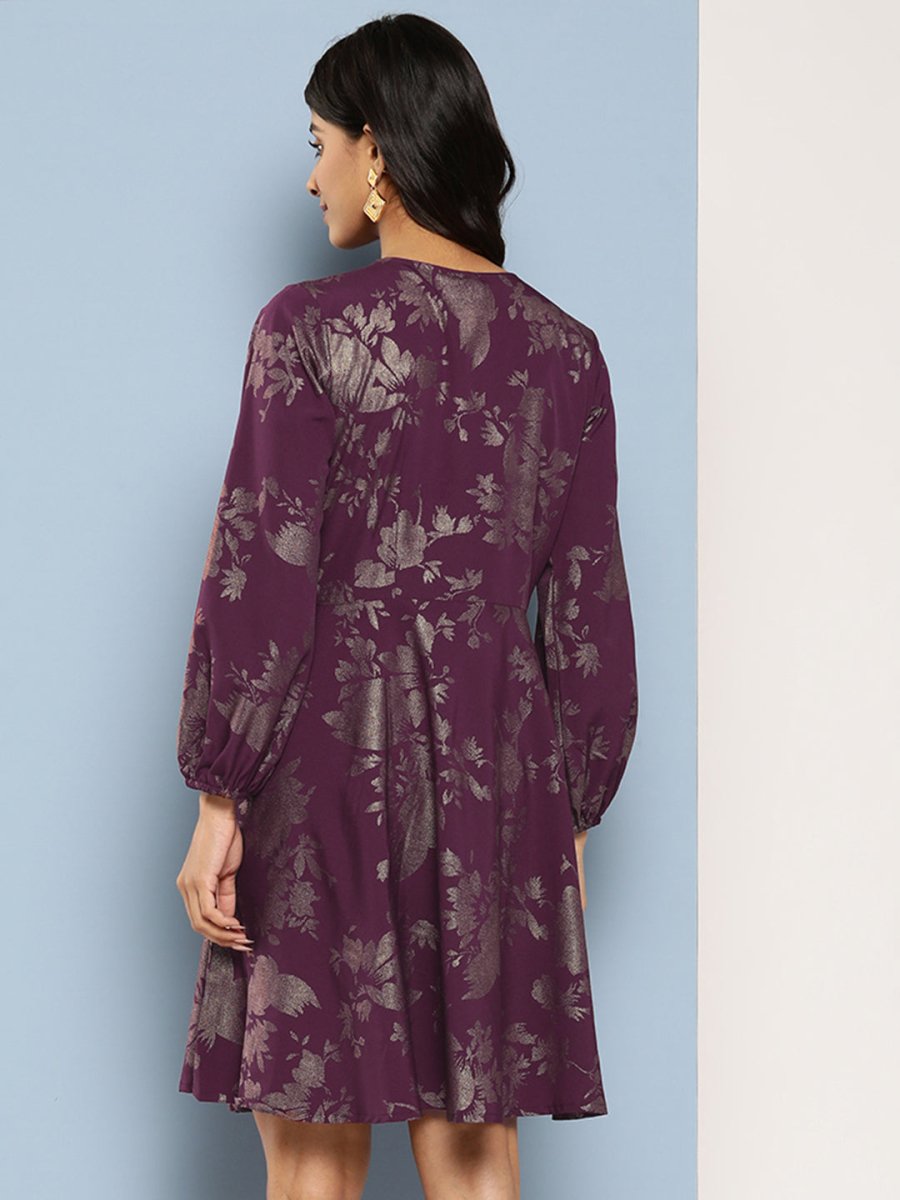 Ahalyaa Floral Print Puff Sleeves Empire Crepe Ethnic Dress - Distacart