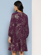 Ahalyaa Floral Print Puff Sleeves Empire Crepe Ethnic Dress - Distacart