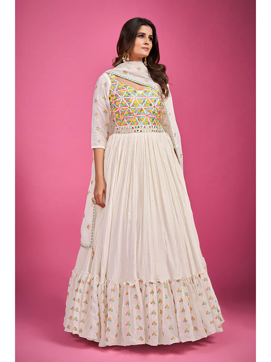 Myra White Chinon Silk Embroidered Gown - Distacart